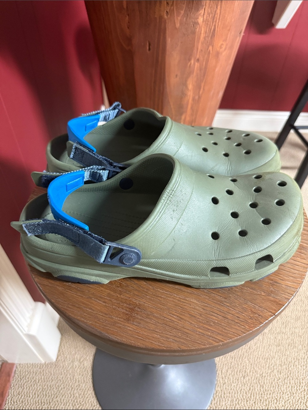 CROCS Men’s Olive Green Clogs with Blue Heel Strap